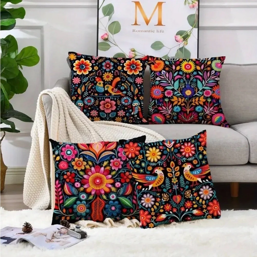 Vibrant Boho Floral Pillow Covers – Set of 4 – Colorful Folk Art Prints 18x18